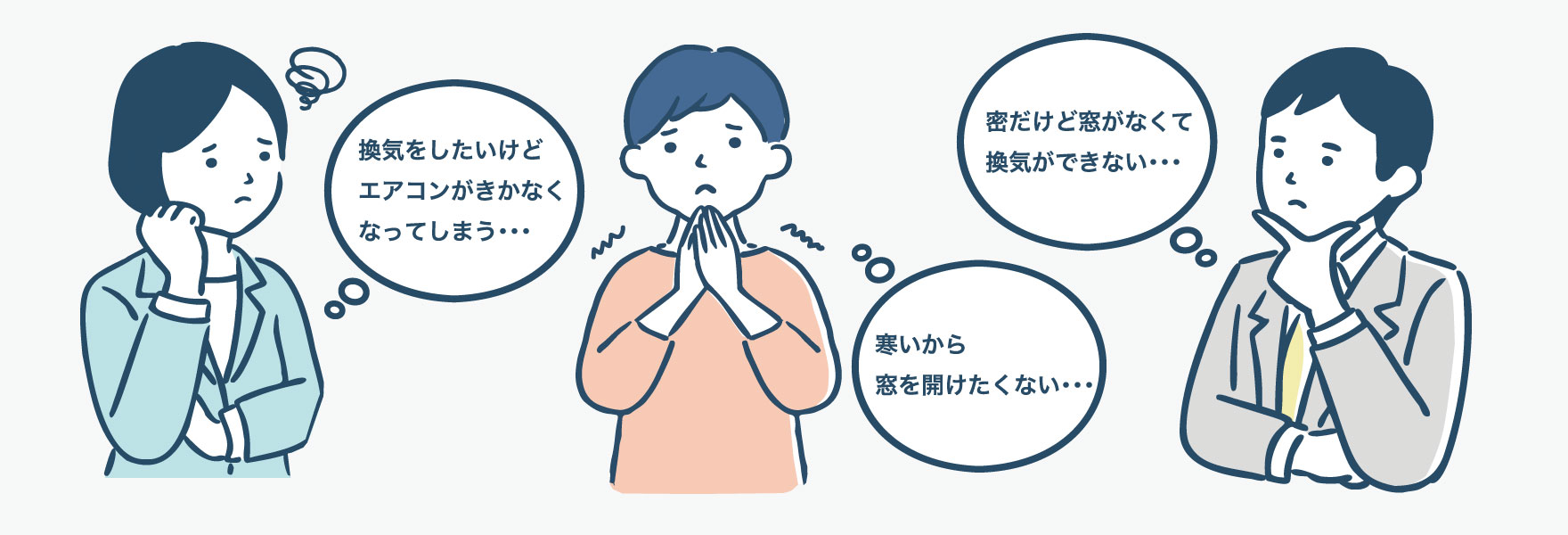 「換気をしたいけどエアコンがきかなくなってしまう・・・」「寒いから窓を開けたくない・・・」「密だけど窓がなくて換気ができない・・・」